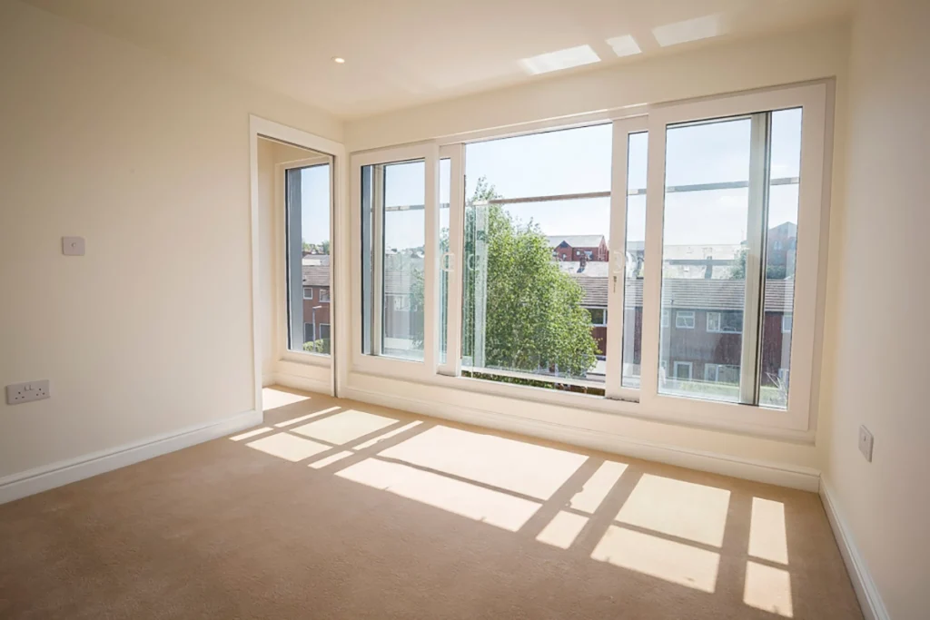 Loft conversion bedroom with large windows overlooking Chester